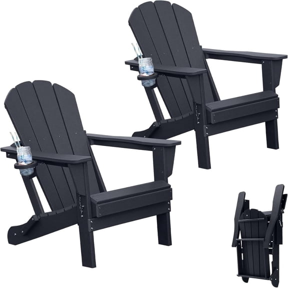 TopComfy Adirondack Chair Set of 2 Folding All-Weather Plastic Outdoor Patio Lawn Fire Pit Seating with Cup Holder Black