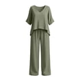 thumbnail image 3 of 2 Piece Outfits For Women, V Neck Pullover Blouse & Drawstring Pants Set, Solid Color Casual Summer Travel Clothes, Comfy Lounge Set With Pockets Army Green XL, 3 of 6