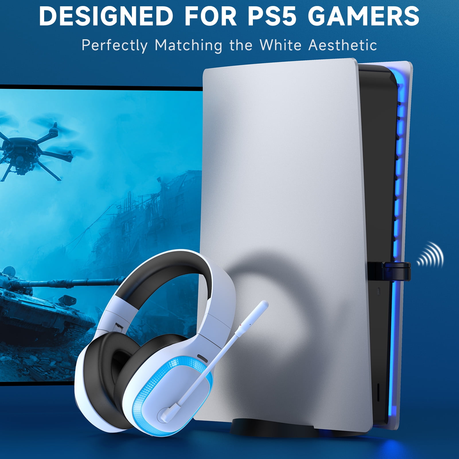 Ecomoment Wireless Gaming Headset for PS5, PC,Switch,Mac with Bluetooth 5.4, 2.4GHz USB PS5 Headset with Mic,Gaming Headphones with RGB Light, 70H Battery Life,White&blue/