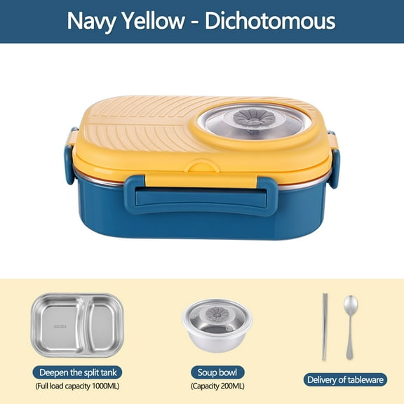 Stainless Steel Compartment Lunch Box Set - Leakproof Sealed Bento Container Insulated Food Jar Soup Bowl Included Camera Design(Yellow)