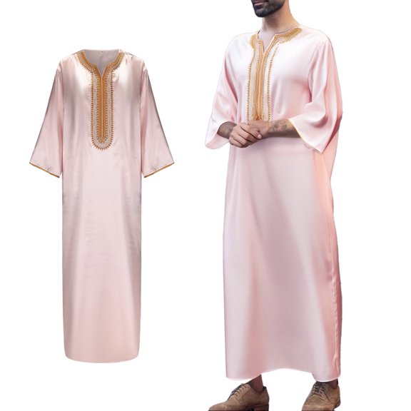 Thobe for Men Long Sleeve Embroidered Thobe Men Pink Thobe Eid Clothes Muslim Clothes