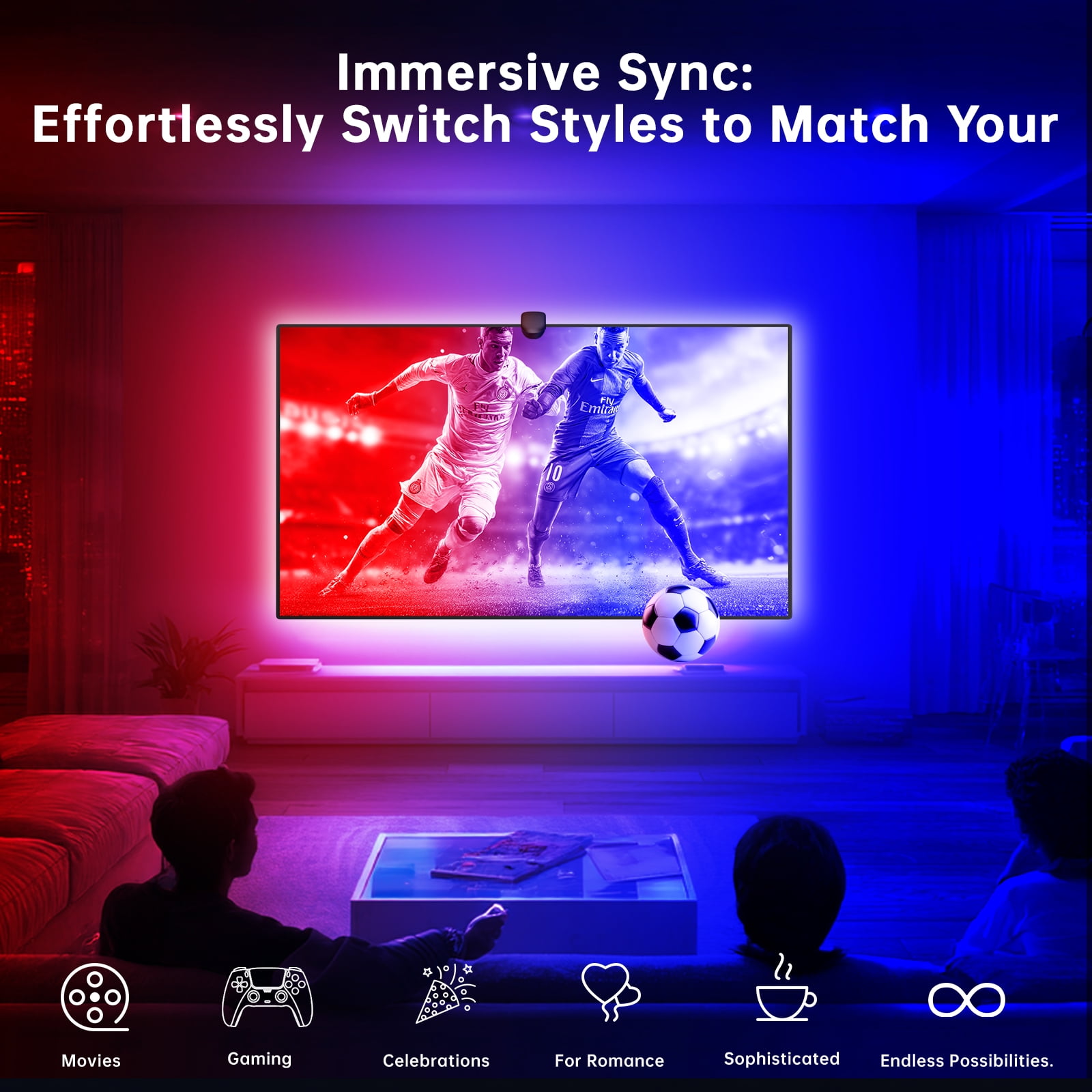 Froura TV LED Backlight Strip for 55-65” TVs and PC,14.76 FT Cuttable Rgb Strip with Smart Screen Sync Sensor, App Control, Music Mode ,Color Changing Lights that Sync with TV for Movies,Gaming