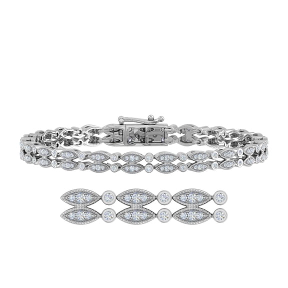 1 Carat Diamond Vintage Bracelet with Round and Marquise alternate link in 2 rows in 14K White Gold(7.25 Inch) (I1-I2 Clarity)