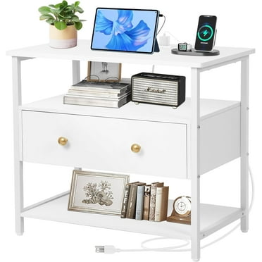 27 inch Nightstand Side Table with 1 Layer of Wooden Drawers，Nightstand with Charging Station,End Table Bedside Table with USB Ports and Outlets (White)