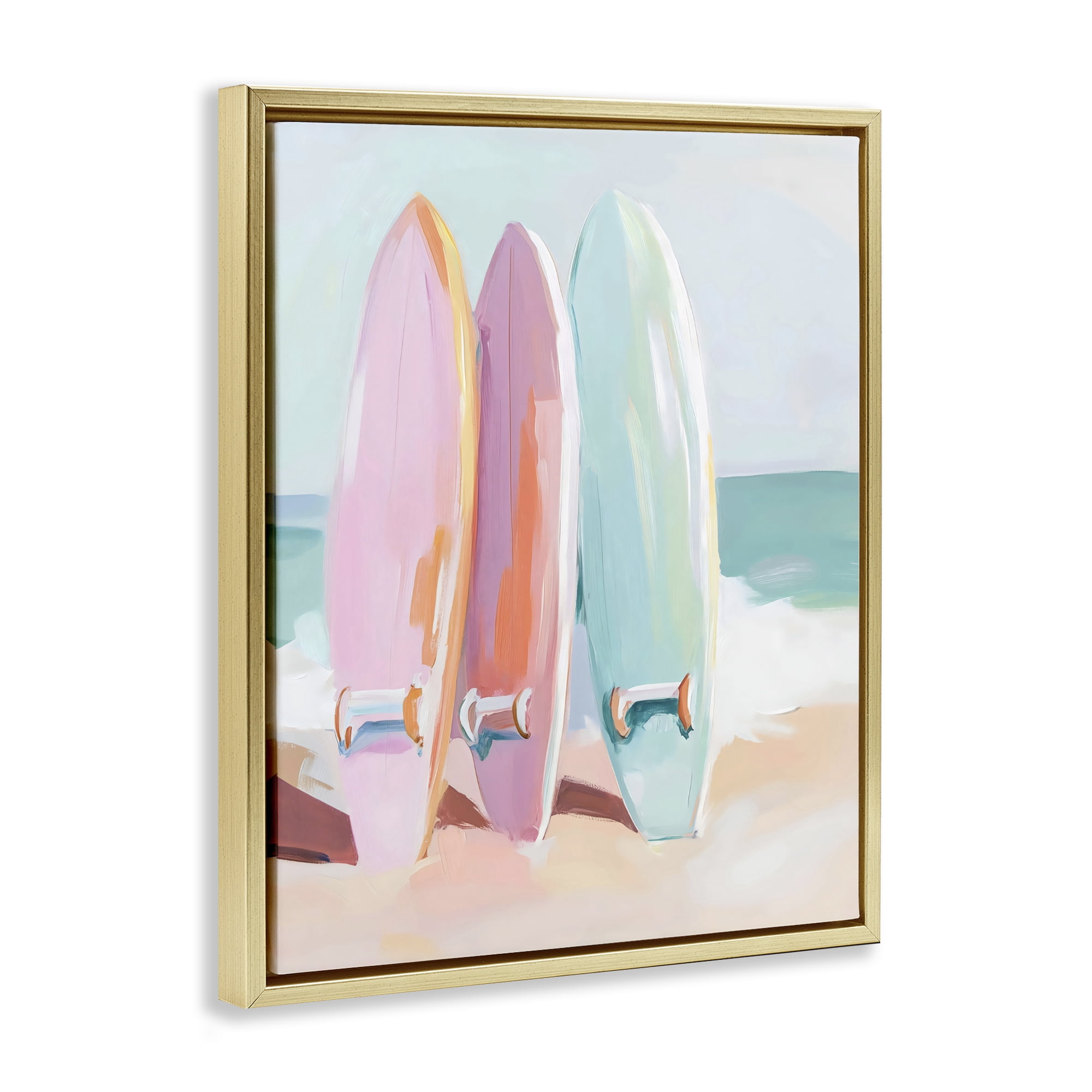 Stupell Industries Pastel Surfboards on Sandy Beach Gold Framed Floater Canvas Wall Art, design by The Prints Vibe