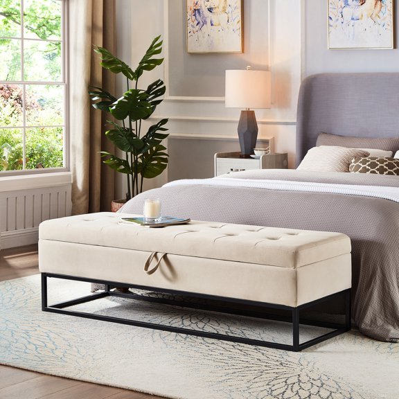 58.6" Beige Velvet Bench with Metal Base - Functional for Different Rooms