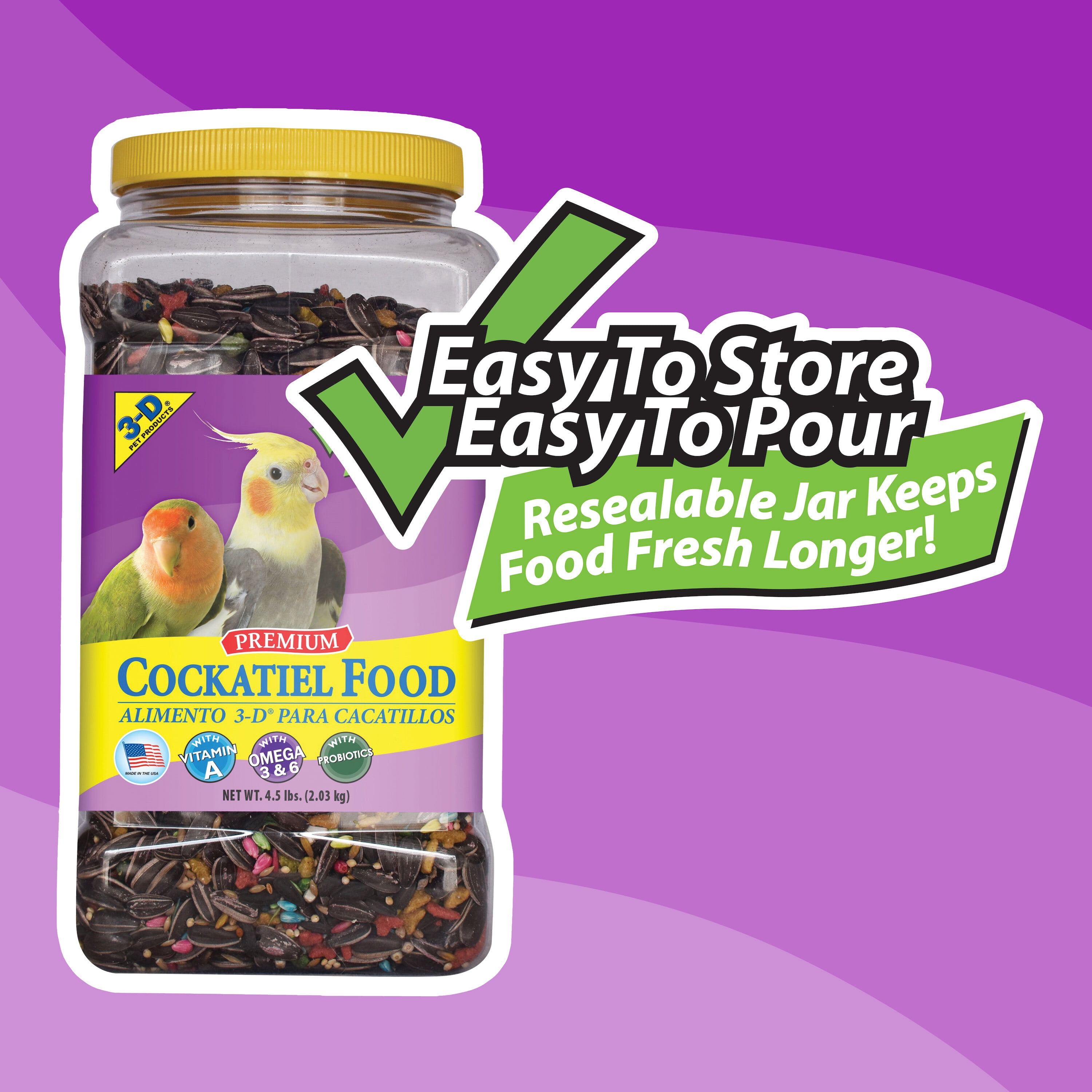 3-D Pet Products Premium Cockatiel Bird Food Seeds, with Probiotics, 4.5  lb. Stay Fresh Jar