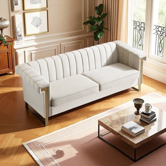 Modern Cream Velvet 3-Seat Sofa with Gold Accents - Sleek Channel-Tufted Upholstery for Living Room
