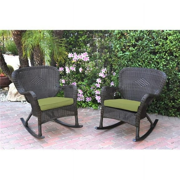 W00215-R-2-FS029 Windsor Espresso Resin Wicker Rocker Chair with Green Cushion - Set of 2