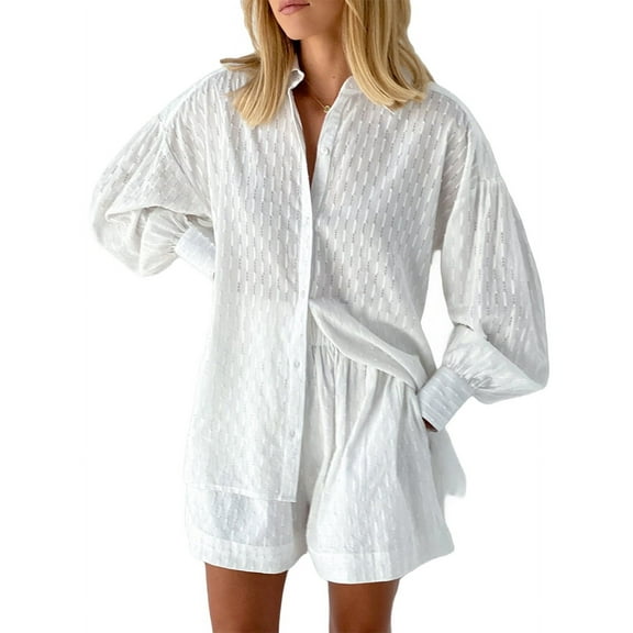 Women'S 2 Piece Outfits Oversized Long Puff Sleeve Blouse Shirt High Waisted Side Pocket Shorts Set White M