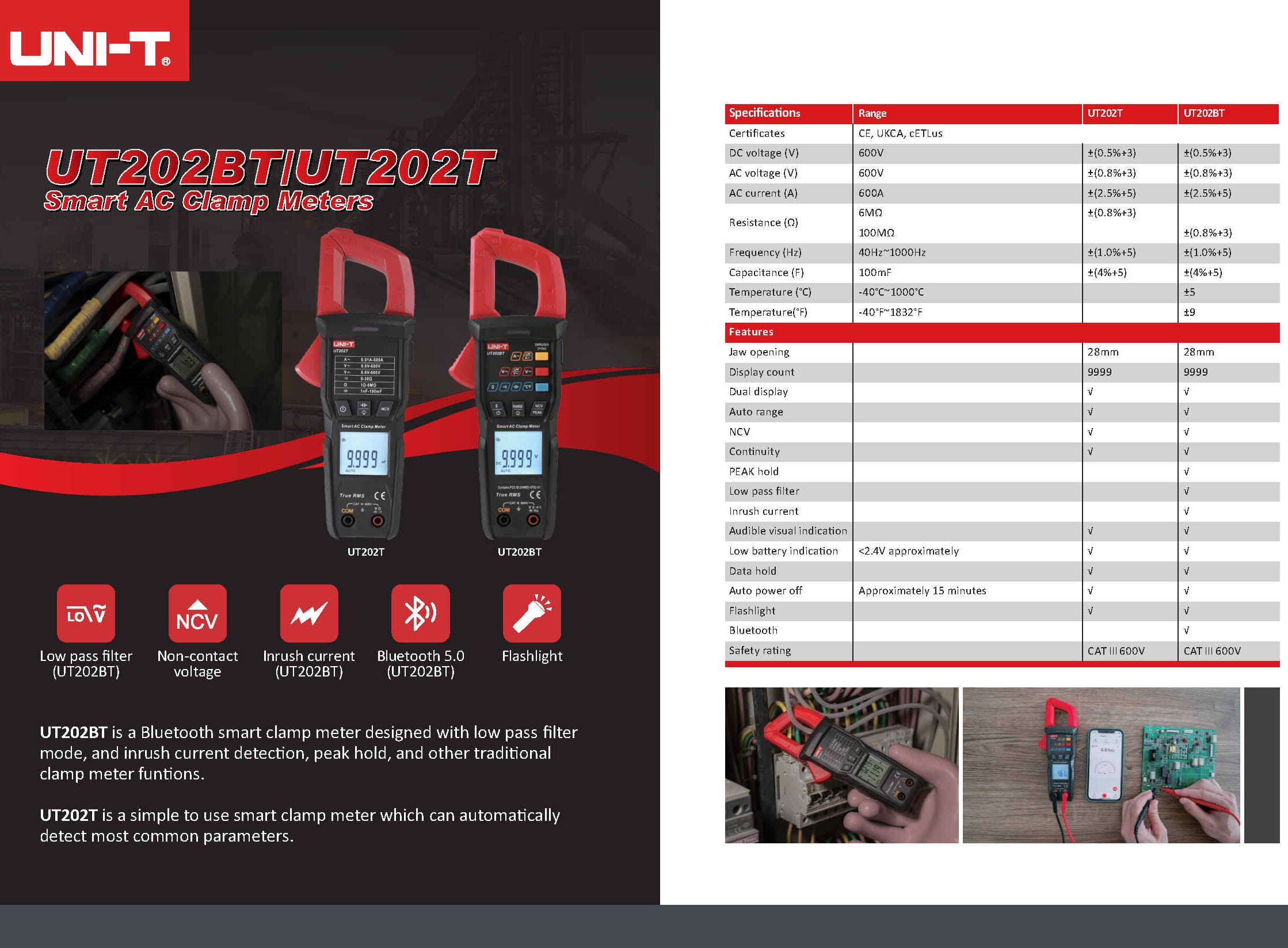 UNI-T Uni-trend Multimeter clamp meter UT202T Digital clamp meter 600A DC Current Pliers Ammeter Voltage Tester Temperature Frequency Meter Auto Range(UT202T)
