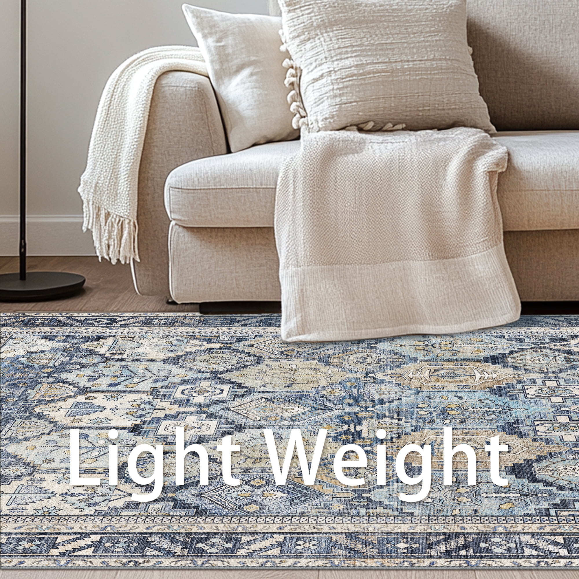 KUETH 9'x12' Area Rugs for Living Room, Ultra-thin Non Slip Machine Washable Vintage Indoor Rug, Low Pile Chenille Print Rug for Bedroom Dining Room Home Office