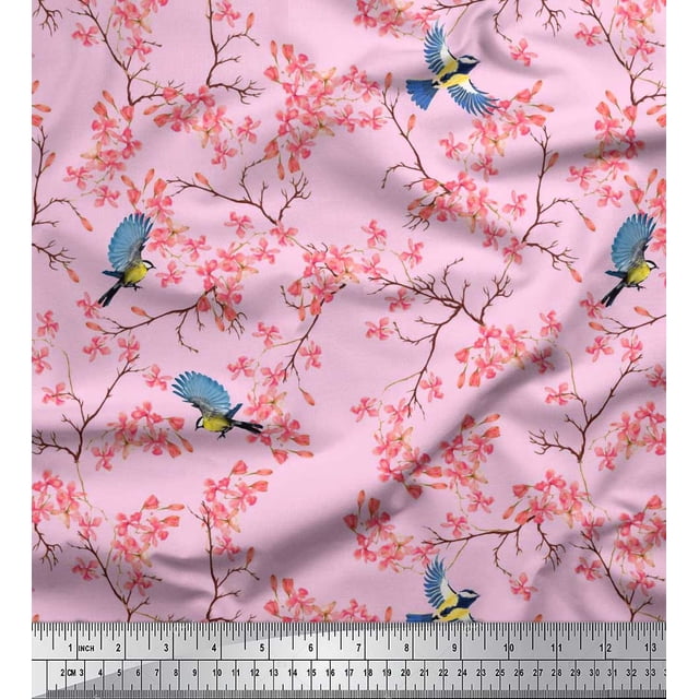 Soimoi Crepe Silk Fabric Floral & Blue Tit Bird Printed Craft Fabric by The Yard 42 Inch Wide