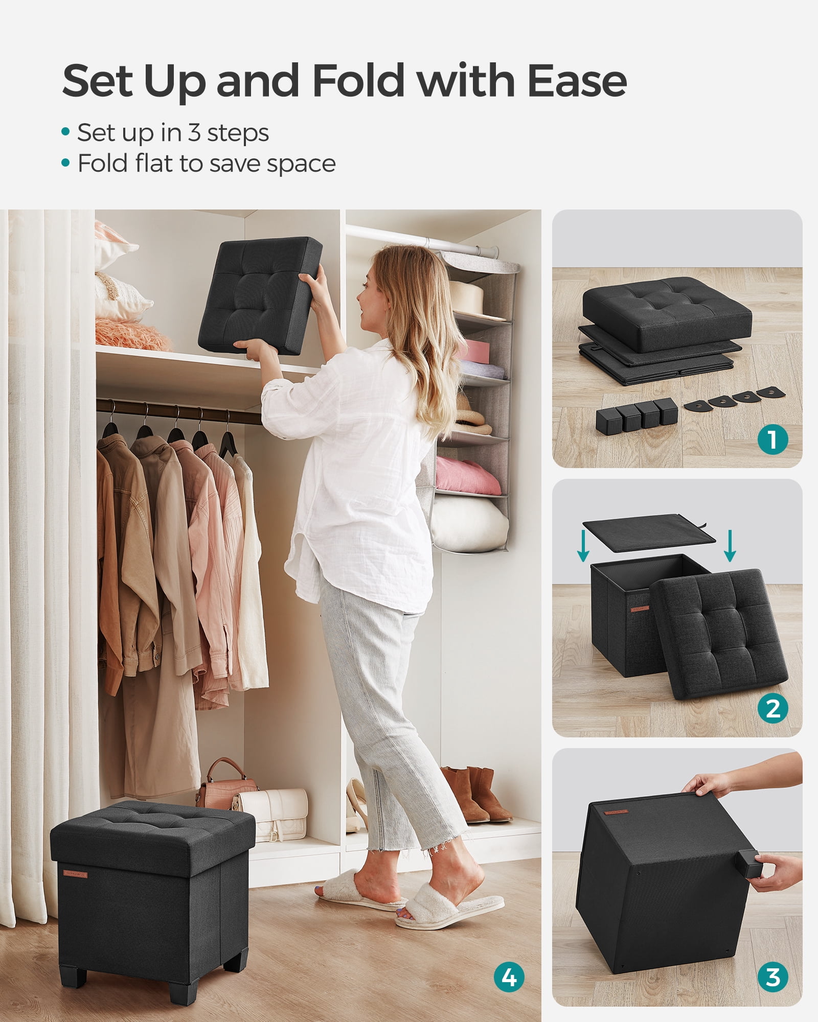 Small Storage Ottoman with Legs - 15" Cube Foot Rest, 660 lb Capacity, Linen-Look Fabric, for Living Room/Bedroom, Ink Black