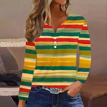 Nrmvnmi Womens Long Sleeve Tops Casual Henley Neck Floral Prints Summer Shirts Loose Fit Retro Elastic and Lightweight Blouses
