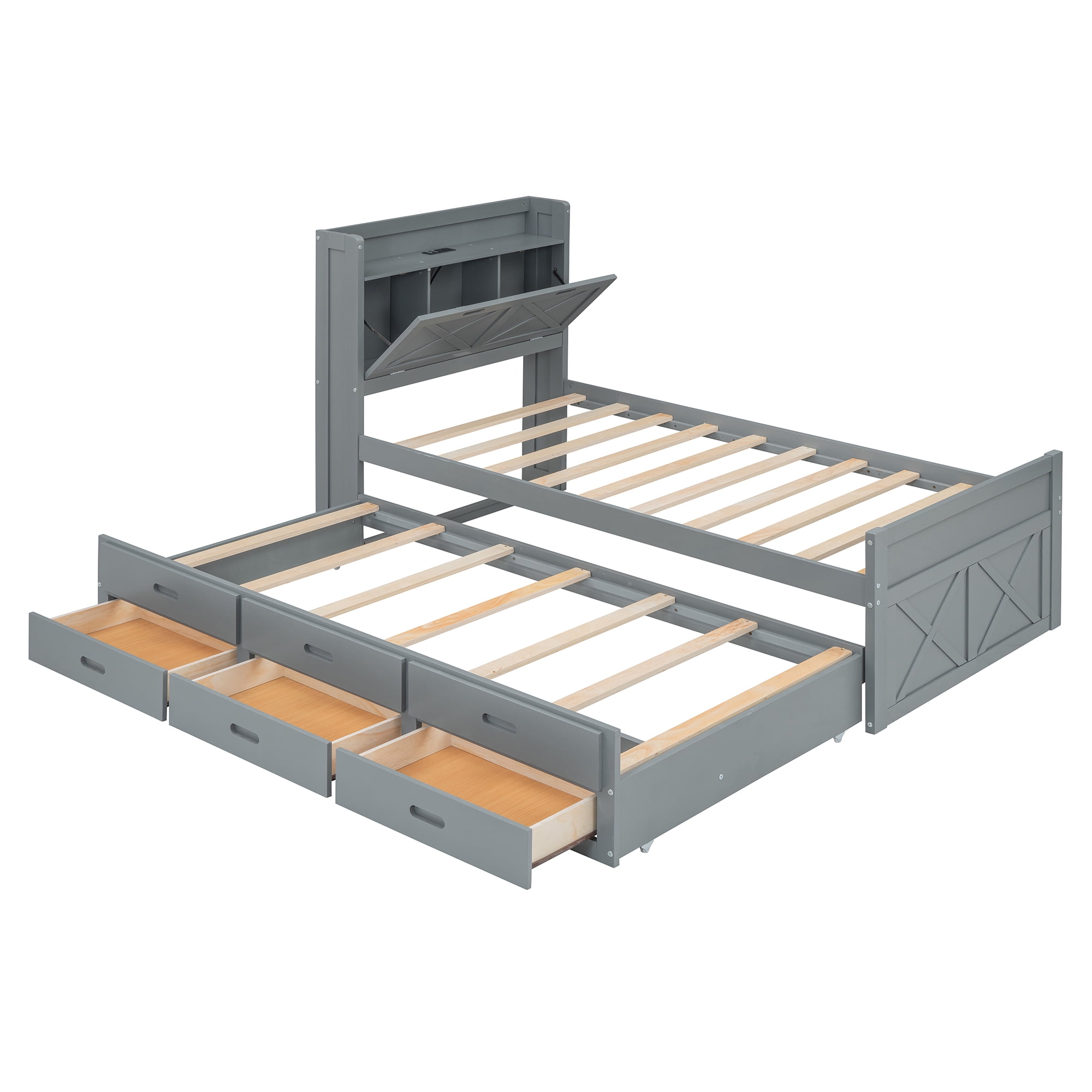 Mintazer Farmhouse Twin Bed with Trundle & 3 Drawers, Extendable Platform Bed with Headboard Storage & Charging Station for Bedroom, Gray