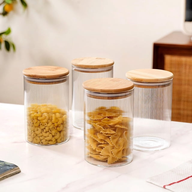 Borosilicate Glass Jars With Fluted Design Set Of 4 - Clear, 1100ml Each | Containers For Stylish Food Storage, Organization & Gifting Purposes - Airtight, Stylish & Durable