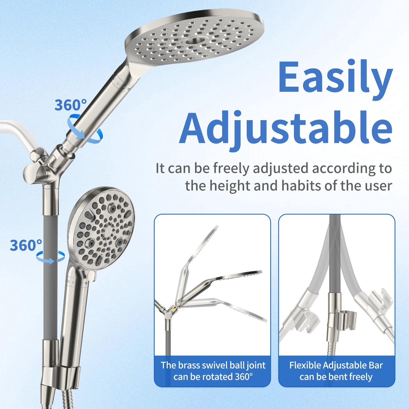 KAIYING Filtered Dual Shower Head System, 9-Mode Rain and Handheld Spray Combo with Adjustable Extension Arm, Brushed Nickel
