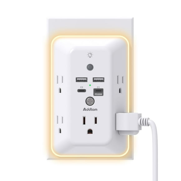 Parasurtenseur, Rallonge de Prise avec Veilleuse, Addtam Répartiteur à 5 Prises et 4 Ports USB (PD 20 W), Barre d'Alimentation à Prises Murales Multiples pour Essentiels de Maison, Bureau, Dortoir