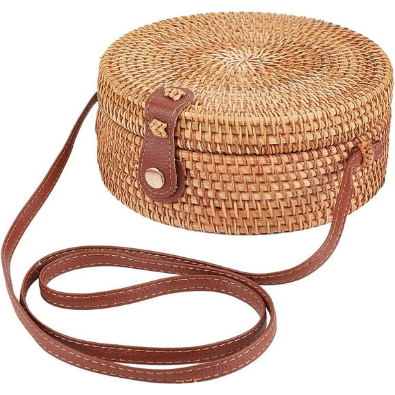 1pc Handwoven Round Rattan bag Large Straw bag for Women Handmade Wicker Woven Purse Circle Oval Brown Straw Boho Bags Shoulder Imitation Leather Adjustable Strap for Women Travel