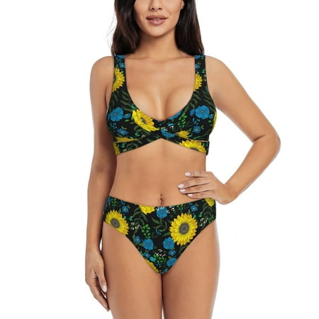 Zeuib Sunflowers And Blue Flower High Waisted Tummy Control Bikini Set - Knot Front Push Up Top & Cheeky Thong Bottom  Two-Piece Swimsuit for Women-Small