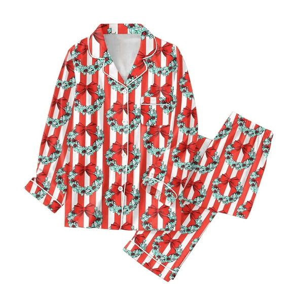 Women Christmas Pajamas Silk Pijamas Women Set Long Sleeve Button Down Pjs with Pajamas Pants Christmas Womens Pajama Set
