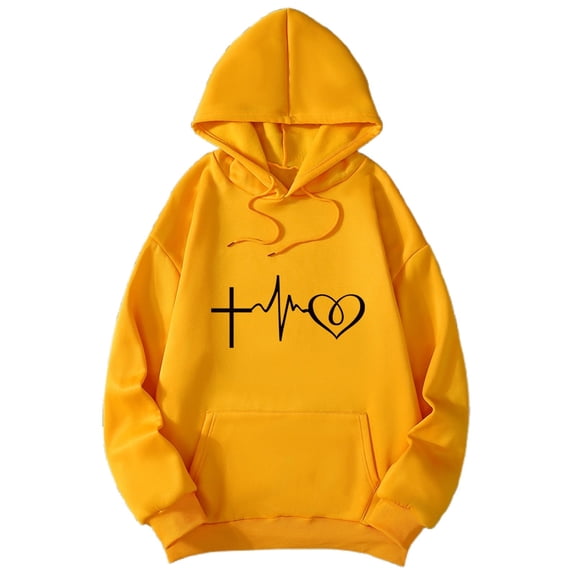 Wang6 White Oversized Graphic Hoodies for Womens Loose Fit Heart Love Printed Pullovers Sweatshirts Girls Trendy Fall Long Sleeve V Neck Tops with Pocket Yellow XL