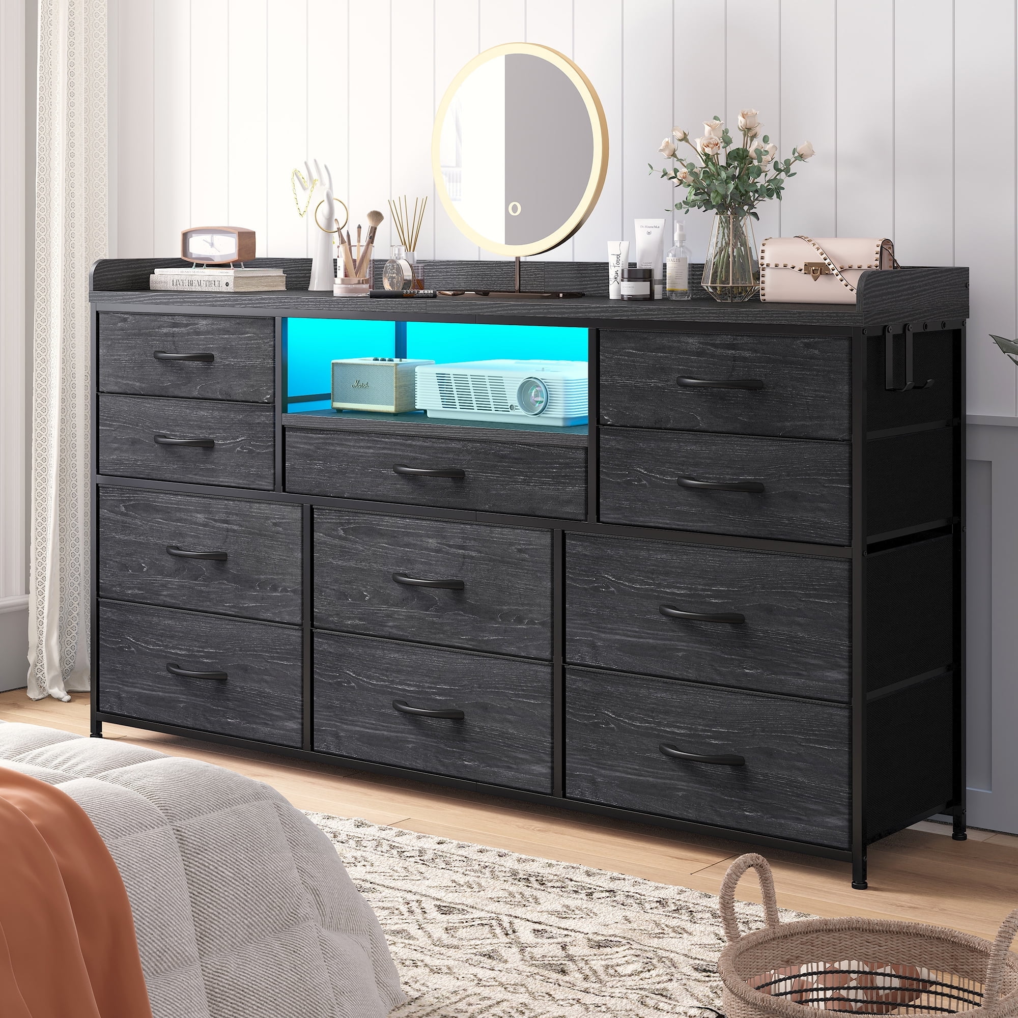 EnHomee Black Dresser with 11 Drawers Dressers for Bedroom TV Stand for 55" TV LED TV Stand with Charging Station Long Dresser with Shelves&4 Hooks,Black
