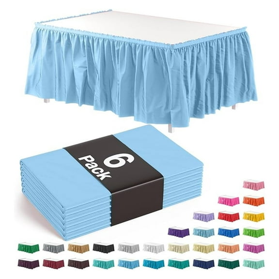 Light Blue Table Skirts 6 Pack - 14ft Ruffled Tablecloth for Rectangle & Round Tables - Adhesive Table Skirt for Party Decor, Weddings, Events