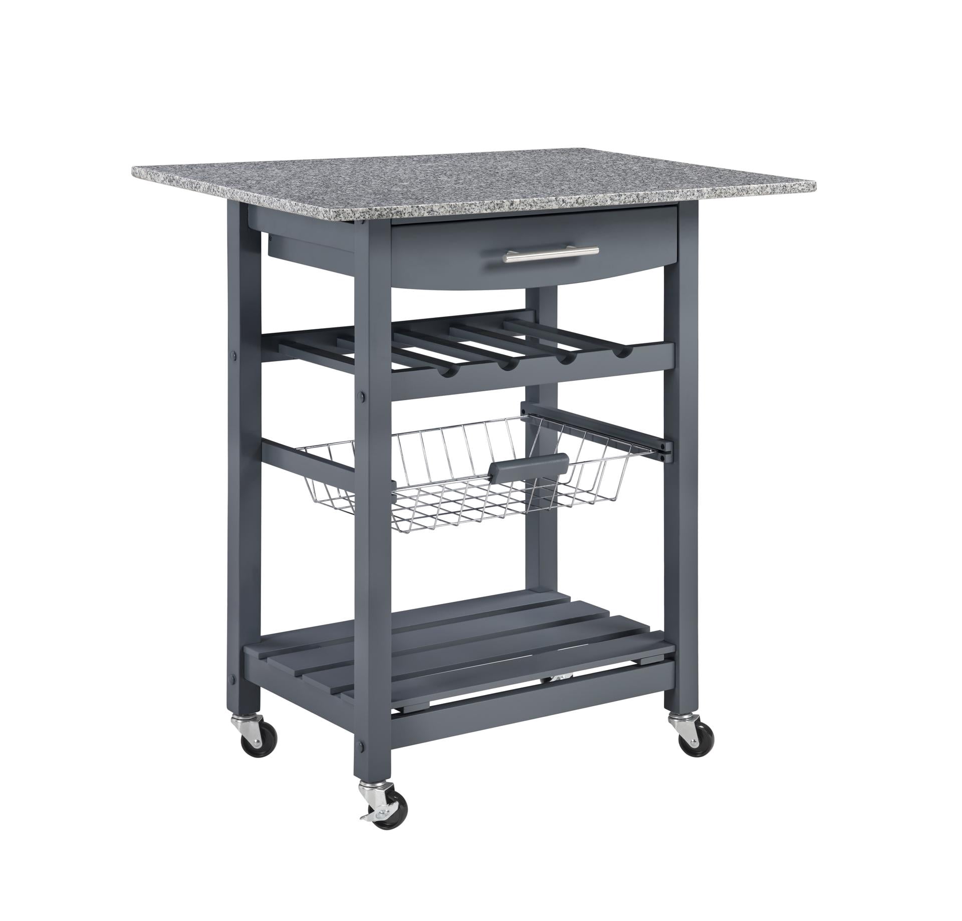 Mobile Rolling Kitchen Island Trolley Serving Cart with Underneath Drawer & Slide-Out Wire Storage Basket