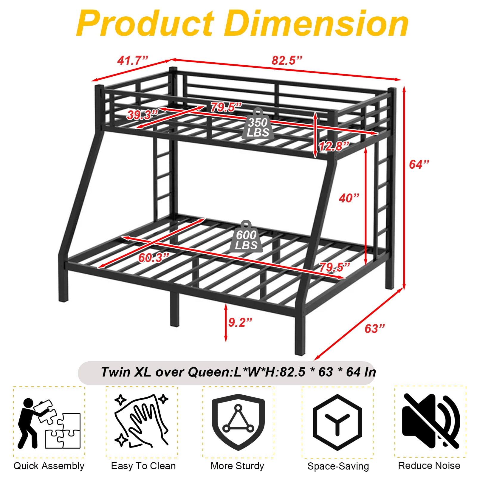 Miniyam Twin XL Over Queen Metal Bunk Bed, Heavy Duty Frame, Fast Assembly, Noise Reduced, Black