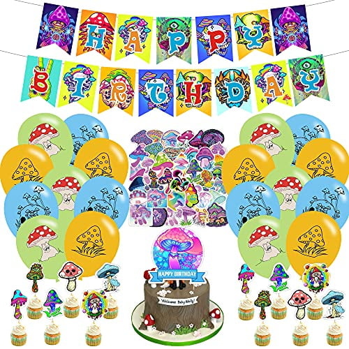 Trippy Mushroom Birthday Party Decorations,Bundle of 82 Psychedelic Mushroom Themed Party Supplies set with Happy Birthday Banner Cake Toppers,Balloons,Stickers for Adults Kids Birthday Decorations