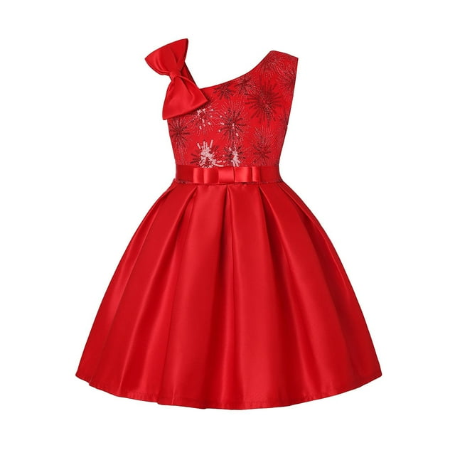 YOUSNH Robe Sans Manches à Imprimés pour Tout-Petits Filles, Fête, Vacances, Style Court, Nœud, Robe Princesse, Vêtements pour Filles, Rouge, 9-10 Ans