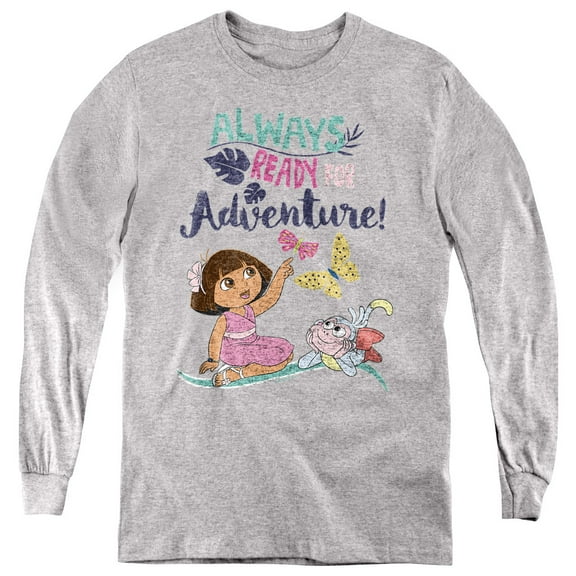 Popfunk Dora The Explorer Always Ready For Adventure Youth Long Sleeve T Shirt, Athletic Heather, Small