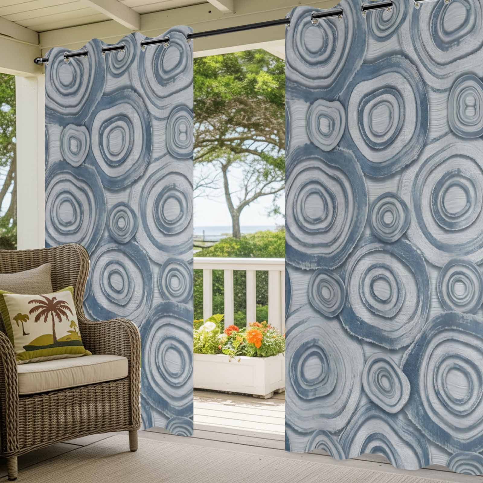 Abstract Circular Ripples Outdoor Curtains for Patio, Artistic Blue Geometric Fluid Rings Sunshade Privacy Drapes Grommet Waterproof Outside Curtains for Porch/Cabana/Balcony 54"x 108", 1 Panel