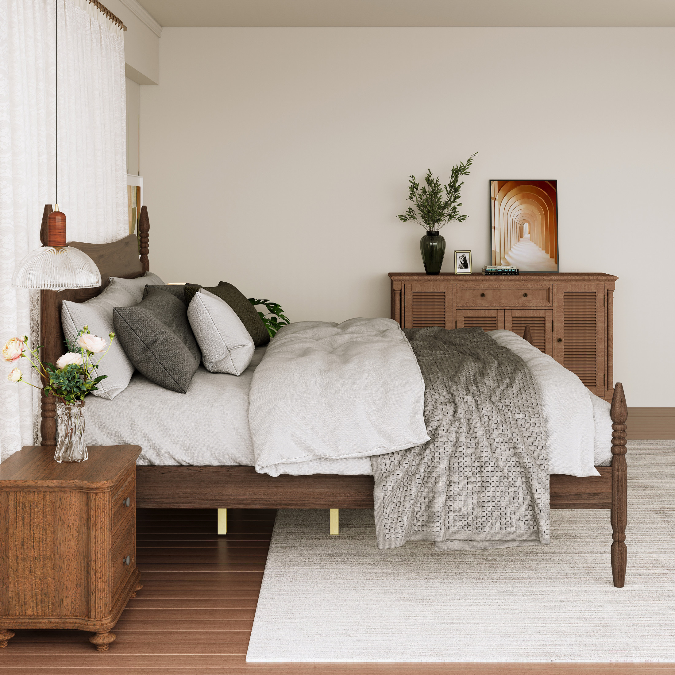 GDF Studio King Size Platform Bed with Tall Curved Headboard and Spindle Design, Walnut