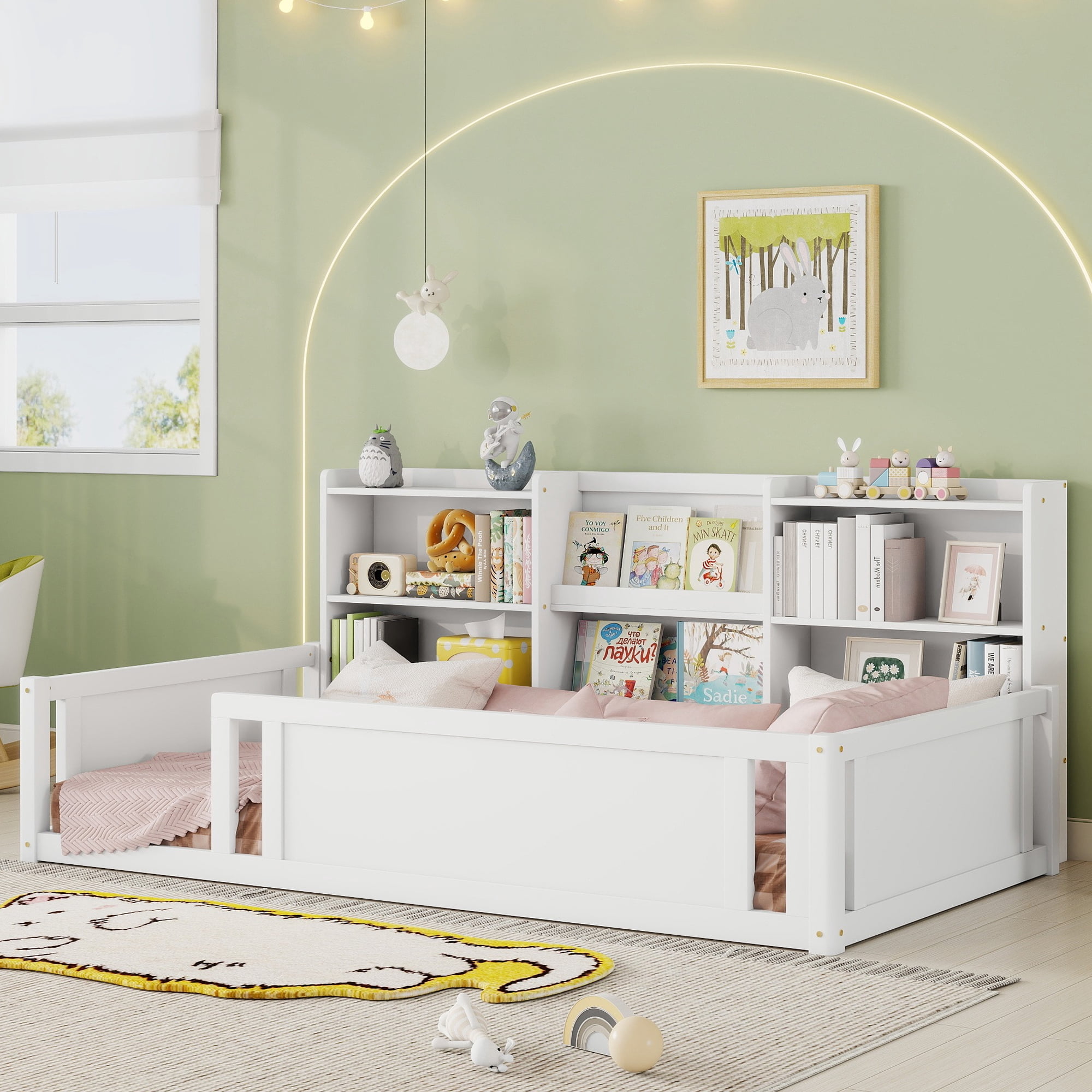 Mintazer Twin Size Montessori Floor Bed with Bookcase Headboard & Guardrails, Kids Platform Bed Frame with 6 Cubby Storage Shelves for Bedroom, White