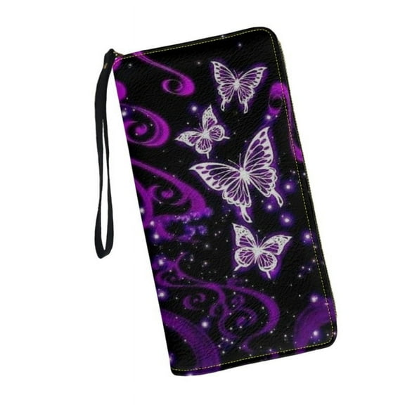 Purple Butterfly Design Gift Clutch Wristlet Women Long Wallet RFID Blocking Credit Card Holder PU Ladies Purse Handbag