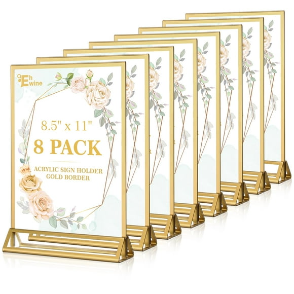 EHWINE 8 Pack Acrylic Sign Holder 8.5 x 11, Double Sided Gold Picture Frame Stand up Table Top Sign Holders, Clear Display Stand Menu Flyer Holder fo