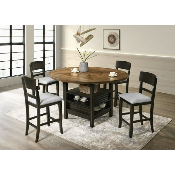 5Pc Counter Height Dining Set Round Table Lazy Susan Brown/Gray Upholstered Chairs Wooden Furniture