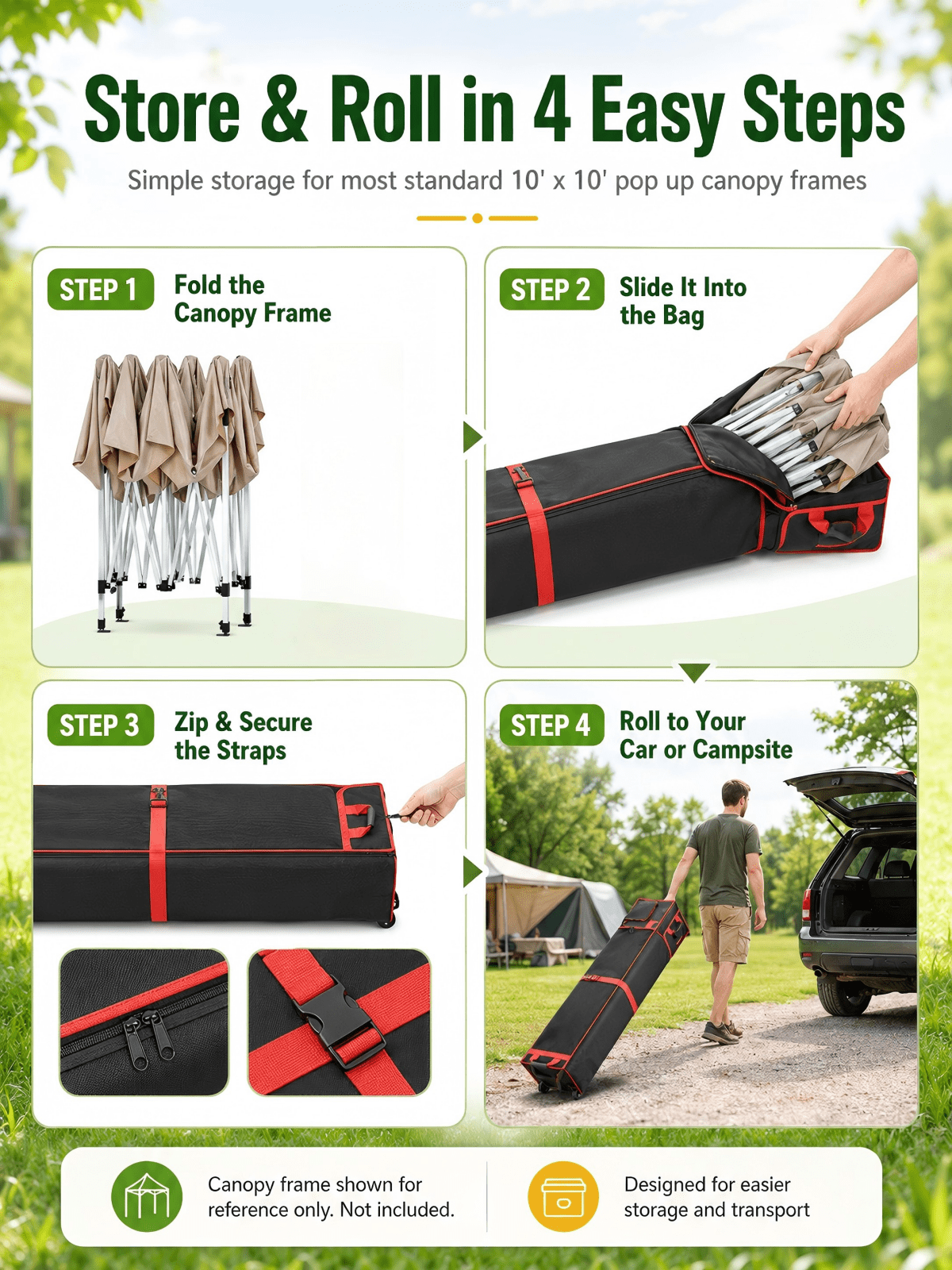 Zinkitool 10x10x62 Tent Bag, Canopy Bag with Handle and Rollers, 1680D Waterproof Oxford Fabric