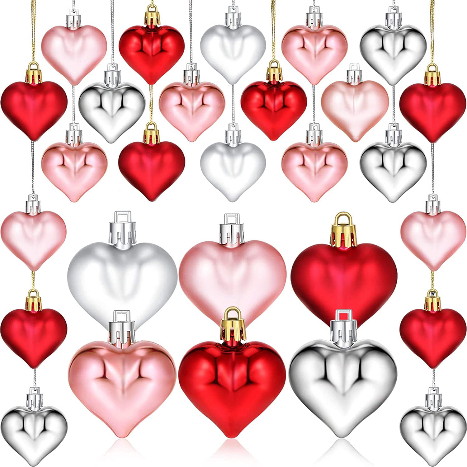 Sliver 36 Pieces Valentine's Day Heart Baubles 3D Colorful Heart Shaped Baubles Heart Tree Mini Glitter Heart Hanging Ornaments for Valentine Wedding Anniversary Decoration Red Rose Gold 