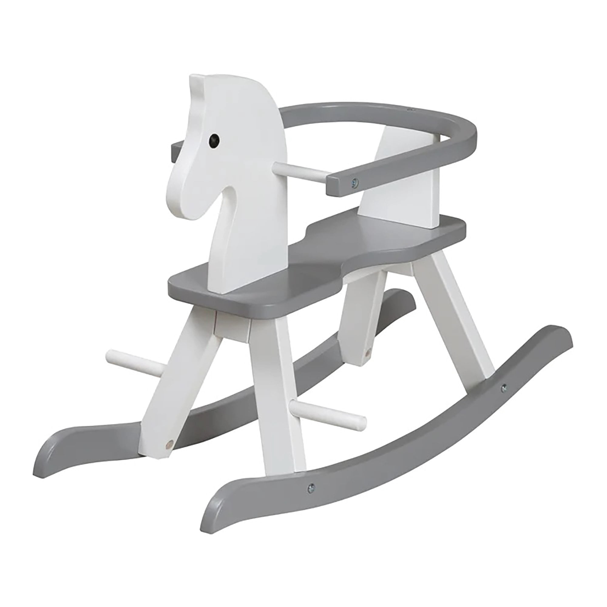 Roba Wooden Rocking Horse - White & Gray - Solid Wood Lacquered, Ride-On, Grows With the Child, Removable Protective Ring, 55 Lb Capacity, For 18+ Months