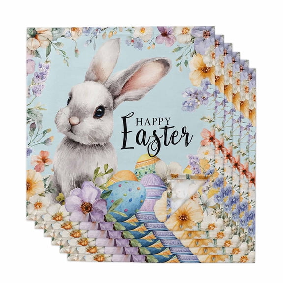 Happy Easter Cloth Napkins, Spring Grey Bunny Colorful Eggs Flower Blue Washable and Reusable Dinner Napkins Set of 6, Table Napkin for Kitchen Party Birthday Wedding Hotel Housewarming 20"x20"