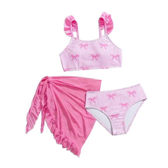 CAIVO Tween Girls 3 Piece Swimwear Sets Beach Square Neck Sleeveless Ruffle Tankini Top And Shorts With Cover Up Skirt Bow Print Kids Comfortable Bathing Suit