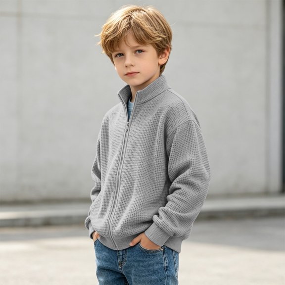Cethrio Boys Zip up Sweatshirts, Long Sleeve Stand-up Collar Waffle Knit Casual Fall Outerwear Gray Size 10-12