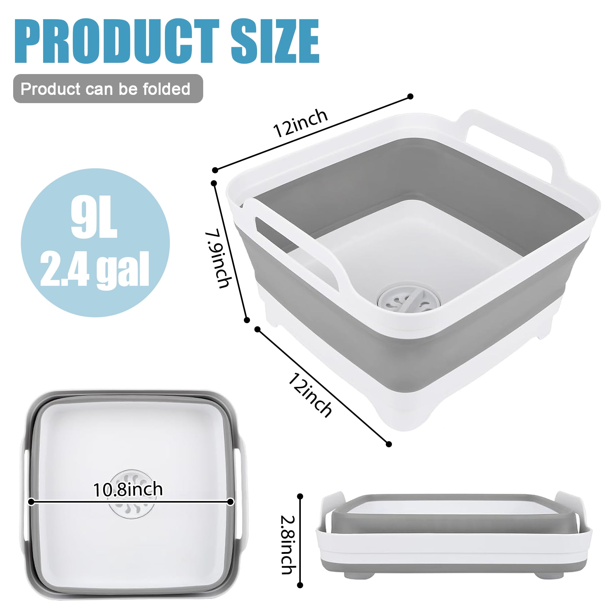 Collapsible Dish Tub, 9L Foldable Washing Basin With Drain Plug and Handles, Space-Saving Plastic Sink Basin for Kitchen, Camping, Laundry