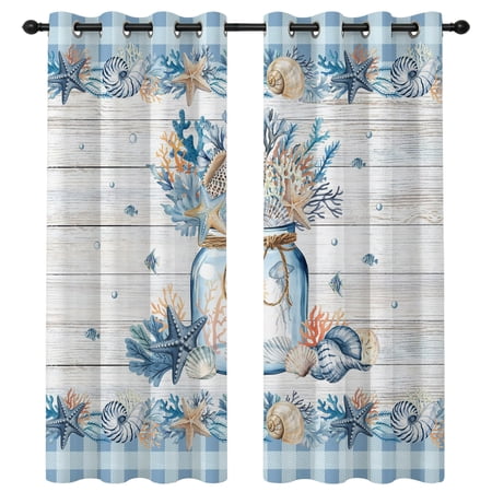 Blue Coastal Blackout Curtains 96 Inches Long Summer Beach Coral Starfish Wood Grain Plaid Thermal Insulated Room Darkening Drapes with Grommets for Living Room 52 W x 96 L 2 Panels