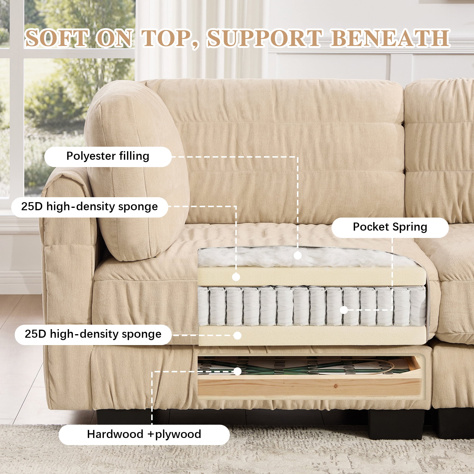 109" U Shape 3 Seat Chenille Modular Sectional Sofa with 2 Movable Ottomans and L Shape Back Cushions