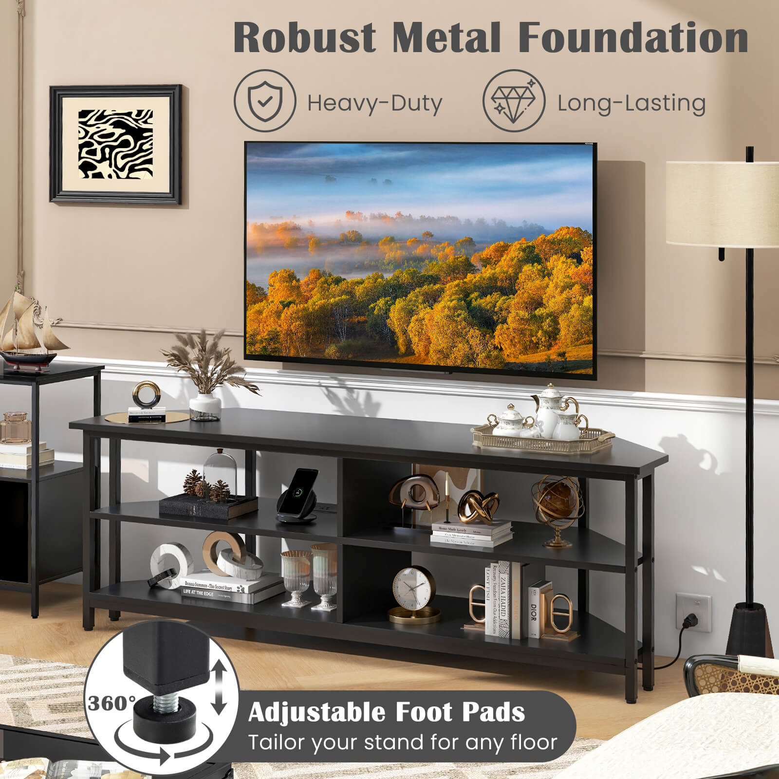 Costway Corner TV Stand for TVs up to 65" TV Console Table with AC Outlets&USB A Ports Black